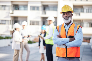 Poster - Portrait, black man arms crossed and outdoor on construction site, smile and manager with confidence. Face, male employee and happy leader with happiness, corporate and new building with renovations
