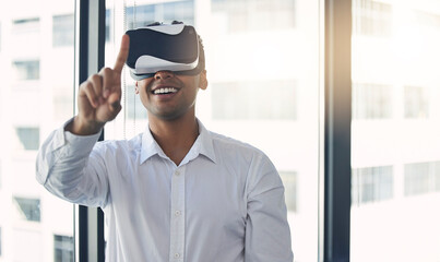 Poster - VR, touching and businessman with a headset for a metaverse, digital planning and 3d innovation. Futuristic, working and employee with glasses for cyber marketing, virtual reality idea and creativity