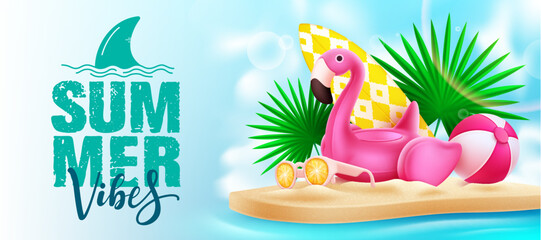 Poster - Summer vibes vector design. Summer vibes text in island with flamingo, beach ball and surfboard element. Vector illustration summer holidays design.
