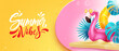 Summer vibes vector design. Summer vibes text in empty space with flamingo element in island background. Vector illustration summer template.
