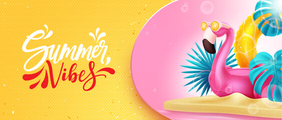 Wall Mural - summer vibes vector design. summer vibes text in empty space with flamingo element in island backgro