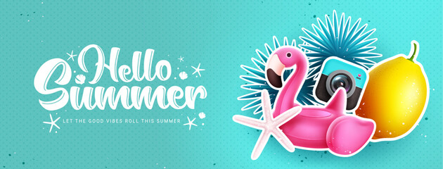 Fototapete - Hello summer vector design. Hello summer greeting text in empty space with beach elements in background. Vector illustration summer banner.
