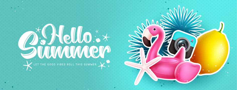 Hello summer vector design. Hello summer greeting text in empty space with beach elements in background. Vector illustration summer banner.
