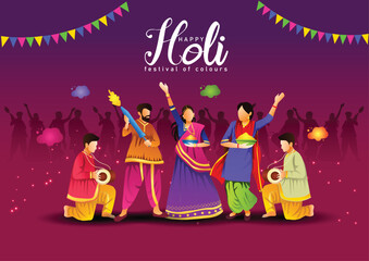 Happy holi festival of India background. group of people playing holi dance. vector illustration banner design