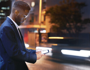Aufkleber - Phone, business and black man in city at night, street or outdoors in town for texting. 5g mockup, technology and male employee with smartphone for social media, internet browsing or web scrolling.