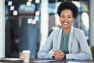 Poster - Planning, office portrait and black woman with company mission, goals or startup management strategy. Professional employee, business or corporate person with ideas, vision for success and leadership