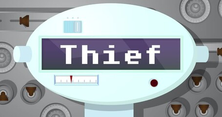 Poster - Robot Eye Showing Thief Text. Animated video. Future Robotics Cartoon Animation.