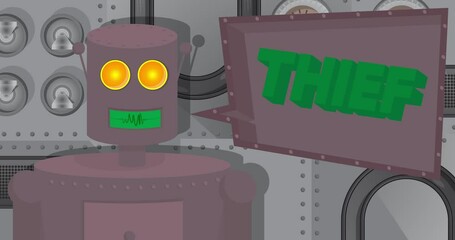 Poster - Robot Saying Thief with Speech Bubble. Cartoon Animated video. Future Robotics Animation.