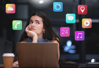 Leinwandbilder - Digital, stress and woman with laptop app, choice and burnout from schedule at night in office. Icon, problem and employee thinking of a software application, agenda and plan on a pc in the dark