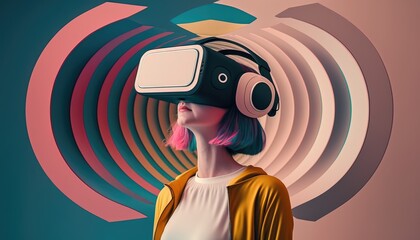 Wall Mural - Teenage girl with VR headset exploring the metaverse. Generative AI