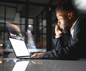 Aufkleber - Phone call, futuristic and black man with laptop hologram in office workplace at night. Smartphone communication, future mockup or male employee with computer for 3d business, trading or stock market