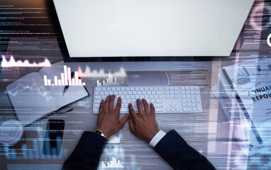Aufkleber - Hands, keyboard and typing on screen, mockup and fintech and digital transformation, code and futuristic overlay. Analytics, graph and work night with IT, tech support and business man with computer