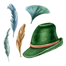 German Green Hat And Feathers Watercolor Illustration Isolated On White Background. Oktoberfest Bavarian Hat Hand Drawn. Design Element For Advertising Beer Festival, Banner, Menu, Packaging, Poster.