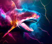 3d Shark Seabed With Bright Fluorescent Magic Neon Light Swimming - Generated Artificial Intelligence - AI