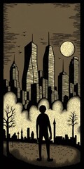 Wall Mural - Dramatic Black and White Storybook Style Illustration of a Man in Silhouette Standing in a Park Looking at A City Skyline. [Fantasy, Historic, Cartoon Scene. Graphic Novel, Anime, Comic, Manga.]