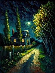 Wall Mural - Impressionist Style Illustration of a Quaint Cottage on a Rural Road Under a Moonlit Sky. 
[Storybook, Fantasy, Historic, Cartoon Scene. Graphic Novel, Anime, Comic, or Manga Illustration.]
