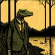 Digital Folk Art Block Print Style Illustration of a Louisiana Alligator Man by the Bayou. Cajun Gator Head Man in a Suit. [Sci-Fi, Fantasy, Historic, Horror Creature. Animal Monster Portrait.]
