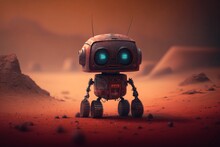 Cute Chibi Cartoon Robot On Mars. Kawaii Animation Martian Rover Bot. [Science Fiction Landscape. Graphic Novel, Video Game, Anime, Manga, Or Animated Film Style Illustration.]
