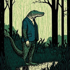 Wall Mural - Digital Folk Art Block Print Style Illustration of a Louisiana Alligator Man by the Bayou. Cajun Gator Head Man in a Suit. [Sci-Fi, Fantasy, Historic, Horror Creature. Animal Monster Portrait.]