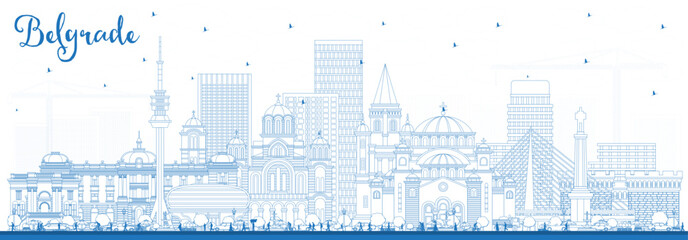 Wall Mural - Outline Belgrade Serbia City Skyline with Blue Buildings. Vector Illustration. Belgrade Cityscape with Landmarks.