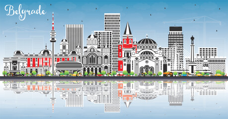 Wall Mural - Belgrade Serbia City Skyline with Color Buildings, Blue Sky and Reflections. Vector Illustration. Belgrade Cityscape with Landmarks.