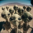 Photorealistic Style Illustration of Aliens Taking a Selfie in the Desert. Roswell, New Mexico or Area 51 type Location. [Sci-Fi, Fantasy, Historic, Horror Creature.]