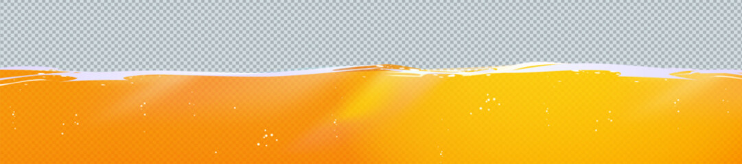 Wall Mural - Liquid yellow water or juice with bubbles. Splash of orange drink, beer, oil or fruit juice. Abstract background of underwater surface of lemonade, vector realistic illustration