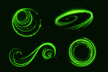 Poster - green game healing swirl light vector effect. isolated neon circle with blur and glitter on transpar