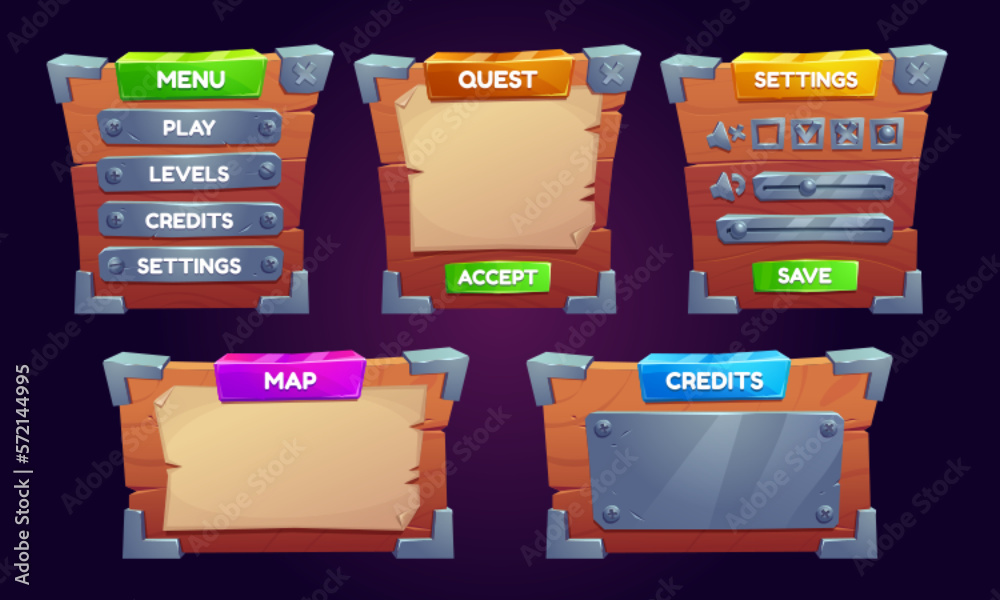 Cartoon set of wood and paper game ui boards. Vector illustration of ...