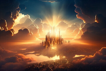 Wall Mural - abstract new city in heaven, paradise city, afterlife, symbol of christianity, generative ai