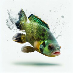 Poster - An ultra realistic Green Terror Cichlid fish that jumps by splashing on a white background generative ai