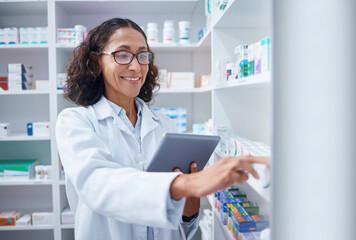 Poster - Tablet, senior woman and pharmacist stock check in pharmacy for healthcare medicine in drugstore. Medication, technology or happy female medical doctor with touchscreen for checking inventory in shop