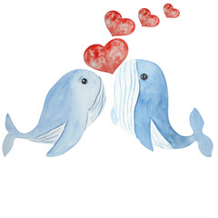 Watercolor work of whales in love on a white background. You can use on T -shirts, stickers, cards, napkins, various compositions of marine themes.