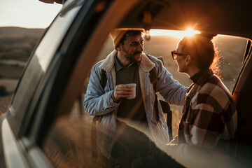 Young couple talking, drinking a coffee watching the sunset from their car.