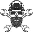 © 1ST CHIEF PRO - Skull witn mustache with beard in crown and construction builder plumbing wrench or body shop repair car and truck mechanic service tool crossed spanner vintage illustration