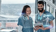 © Chanelle M/peopleimages.com - Tablet, team work or doctors with 3d holographic overlay of neurology anatomy research in hospital clinic. Data analysis, ai or medical healthcare workers working together to help science development
