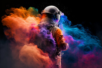 Neon astronaut in space helmet in the middle of multicolored smoke illustration