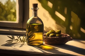 Bottle of fresh extra olive oil and green olives with leaves. Olive oil in the bottle. Generative AI