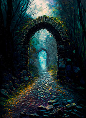 Poster - Cobble stone path through a dark mystical forest, old stone ruined gate. Generative AI