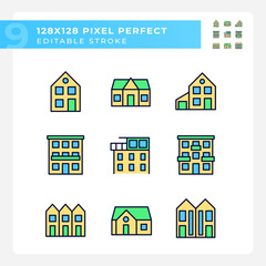 Poster - Property purchase pixel perfect RGB color icons set. Real estate agency. Apartments and houses. Luxury property. Isolated vector illustrations. Simple filled line drawings collection. Editable stroke