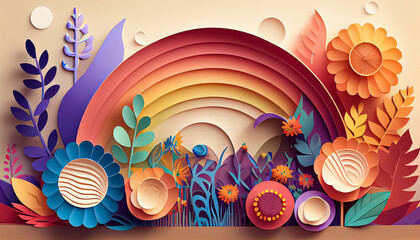 Wall Mural - Paper style floral rainbow spring background