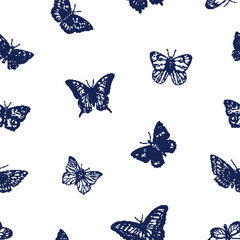 Poster - Seamless black and white pattern, butterflies repeating pattern. Moths background. Engraved etched texture design drawn in vintage style. Retro detailed vector illustration for wallpaper, textile