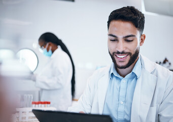 Aufkleber - Science, research and tablet with man in laboratory for medicine, pharmacy and healthcare vaccine. Medical, internet and technology with expert reading data for experiment, investigation and cure
