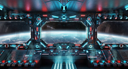 Aufkleber - Dark spaceship interior with glowing blue and red lights. Futuristic spacecraft with large window view on planet Earth. 3D rendering