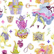 Seamless pattern with Alice, white rabbit, teapots, clock, curios house . Alice in Wonderland theme elements set. Watercolor illustration