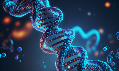 Aufkleber - Concept of the evolution of human DNA in the distant future. View under the microscope. Blue helix background close-up. Generative ai
