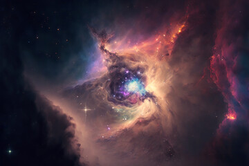 Fototapete - Large view of a colorful dark nebula in space. Cosmic background with bright shining stars, galaxies and deep universe. Generative ai