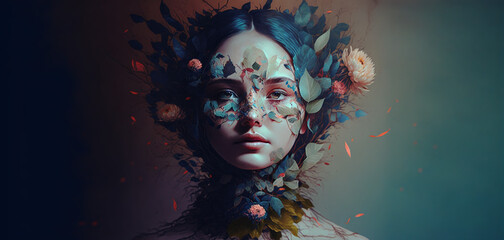 Wall Mural - Conceptual Imaginative portraits evoking different moods, emotions and feelings. Surreal woman with natural elements over her face. Generative ai