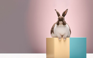 Easter card template: cute bunny is sitting on a carton box. Minimalistic background with pastel colors and lots of copy-space.