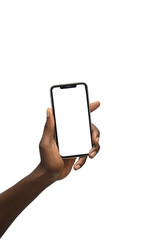 closeup of an african american hand holding smartphone iphone 14 with blank screen and modern framel